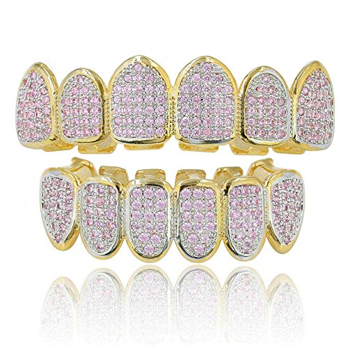 JINAO 18k Gold Plated All Iced Out Pink Cubic Zirconia Gold Grillz Set for Women with Extra Molding Bars(pink set)