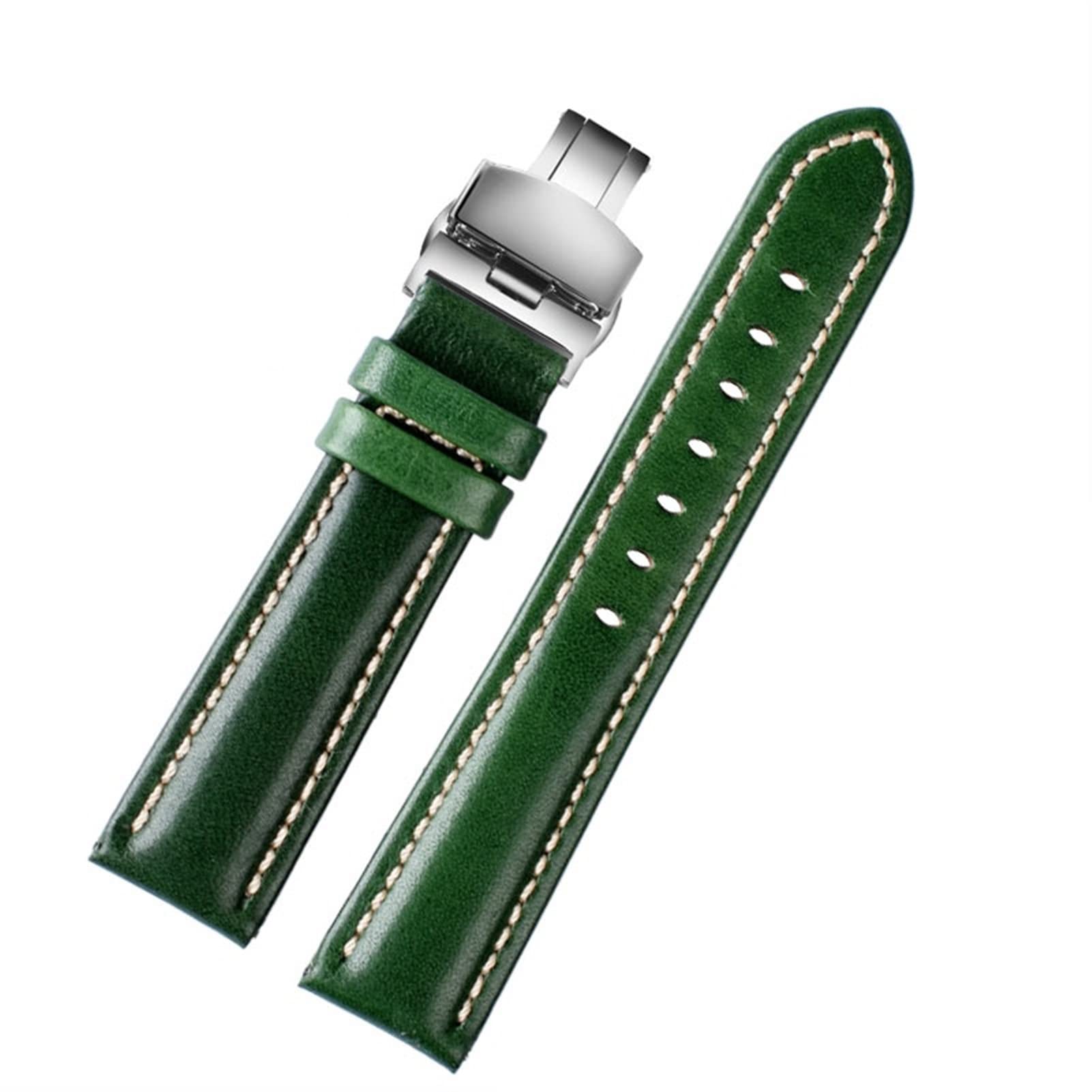 18 mm 20 mm 22 mm bracelet en cuir de vache souple motif bambou boucle papillon bracelet en cuir d'autruche vert (couleur : C argent pliant, taille : 16 mm)