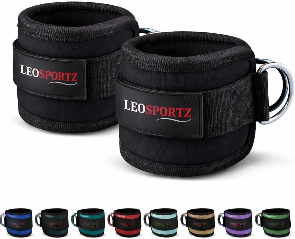 Leosportz® Ankle Strap for Gym Cable Machine (Pair)- Heavy D Ring Padded Ankle Band for Gym Workout | Cuff Attachment Kickbacks Leg Extensions Glutes Exercises for Men and Women (Black without Hook)