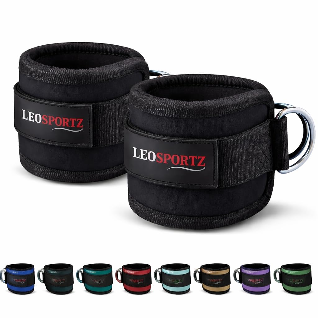 Leosportz® Ankle Strap for Gym Cable Machine (Pair)- Heavy D Ring Padded Ankle Band for Gym Workout | Cuff Attachment Kickbacks Leg Extensions Glutes Exercises for Men and Women (Black without Hook)