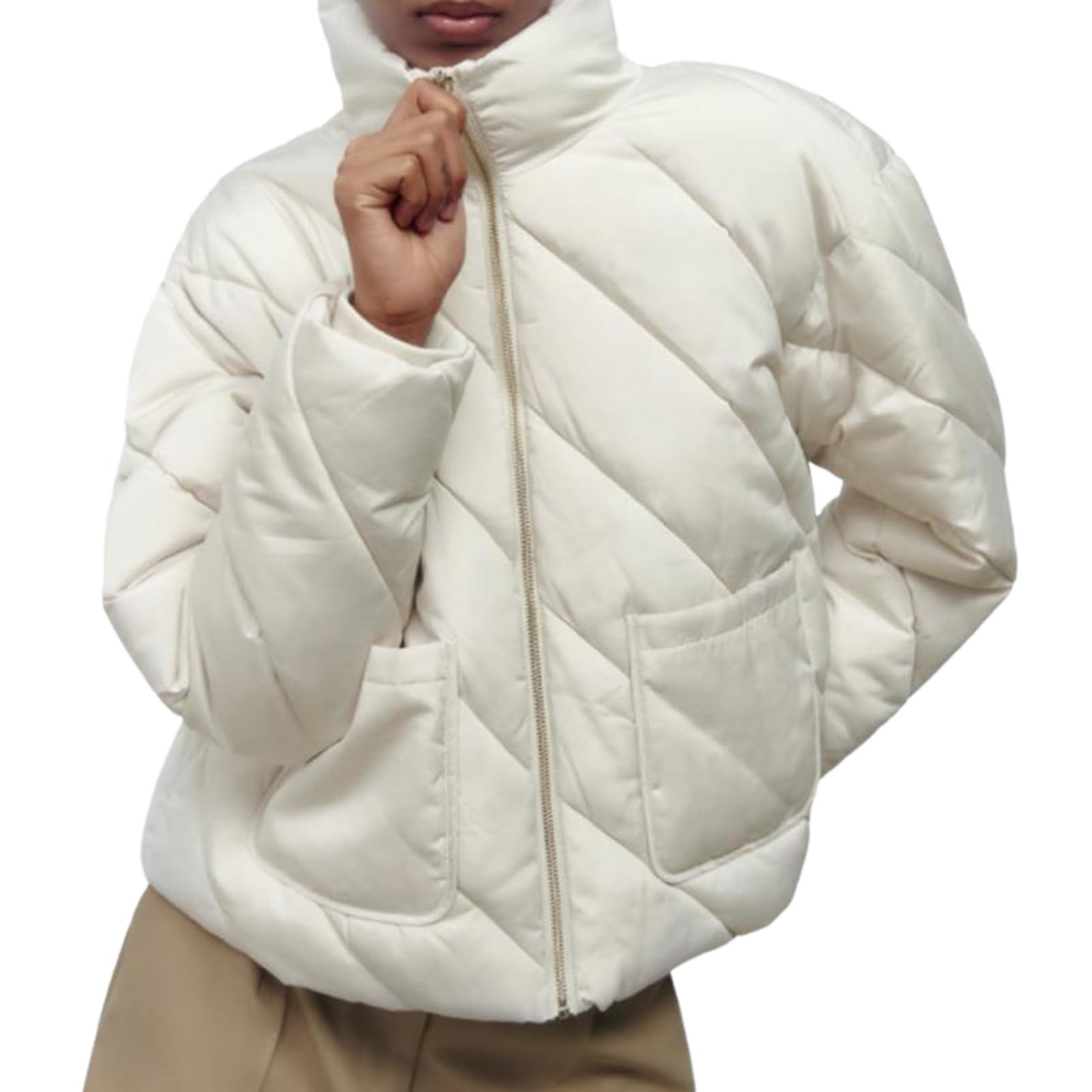 Wyeysyt Women Cropped Puffer Jacket Winter Warm Lightweight Quilted Twill Coats Long Sleeve Stand Collar Zip Up Short Jacket