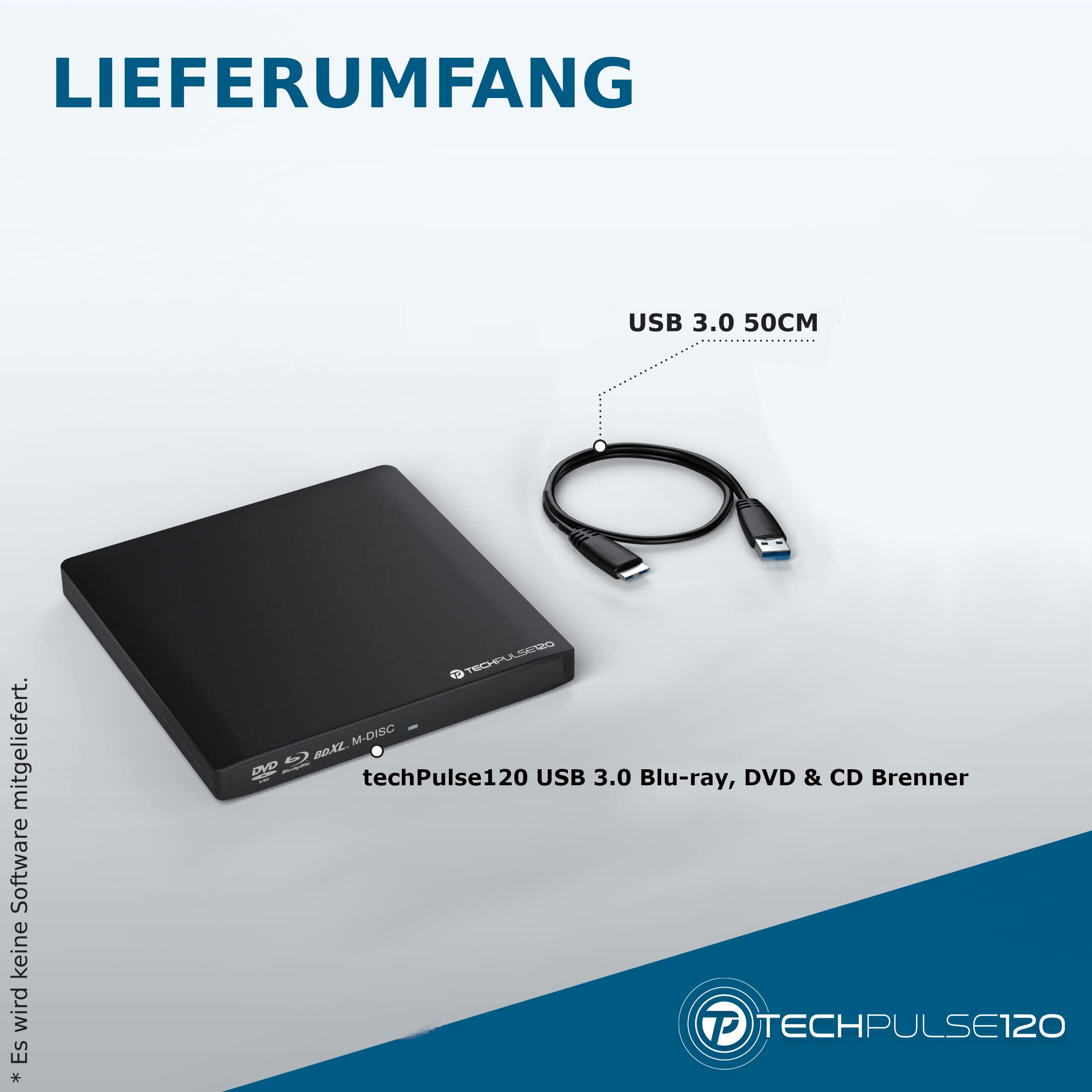 techPulse120 USB 3.0 3D Externer Blu-Ray Brenner Burner M-Disc BDXL Superdrive Blueray Rom Laufwerk BD DVD CD Slim für Computer Notebook Ultrabook Windows MacOS Apple iMac MacBook Pro Air Alu Schwarz