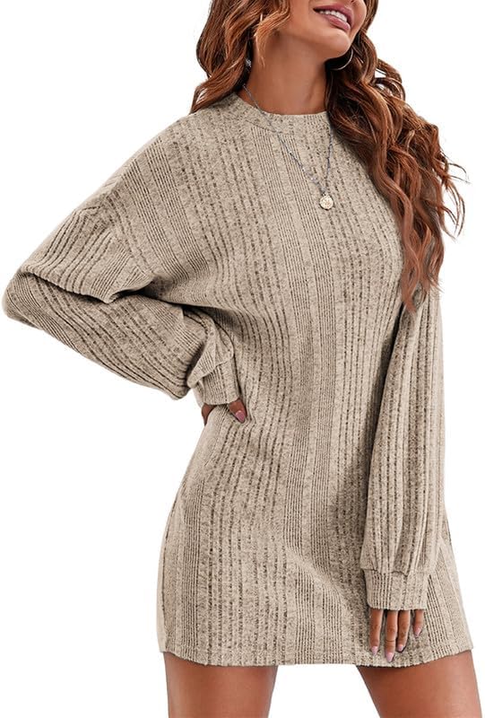 Ekouaer Women's Nightgown Long Sleeve Ribbed Knit Nightshirt Round Neck Sleep Shirt Soft Sweater Dress S-XXL