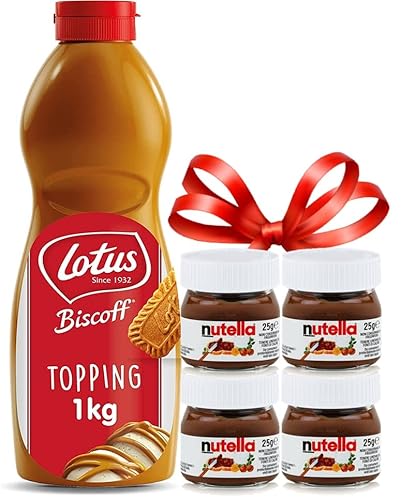 Lotus Bakeries Biscoff Topping + Ferrero Nutella - Dessertsauce aus Karamellgebäck zum Verzieren und Verfeinern - für Desserts, Eiscreme & süße Snacks - vegan, 1 Kg + 4 x 25G Set von Nutella Cover
