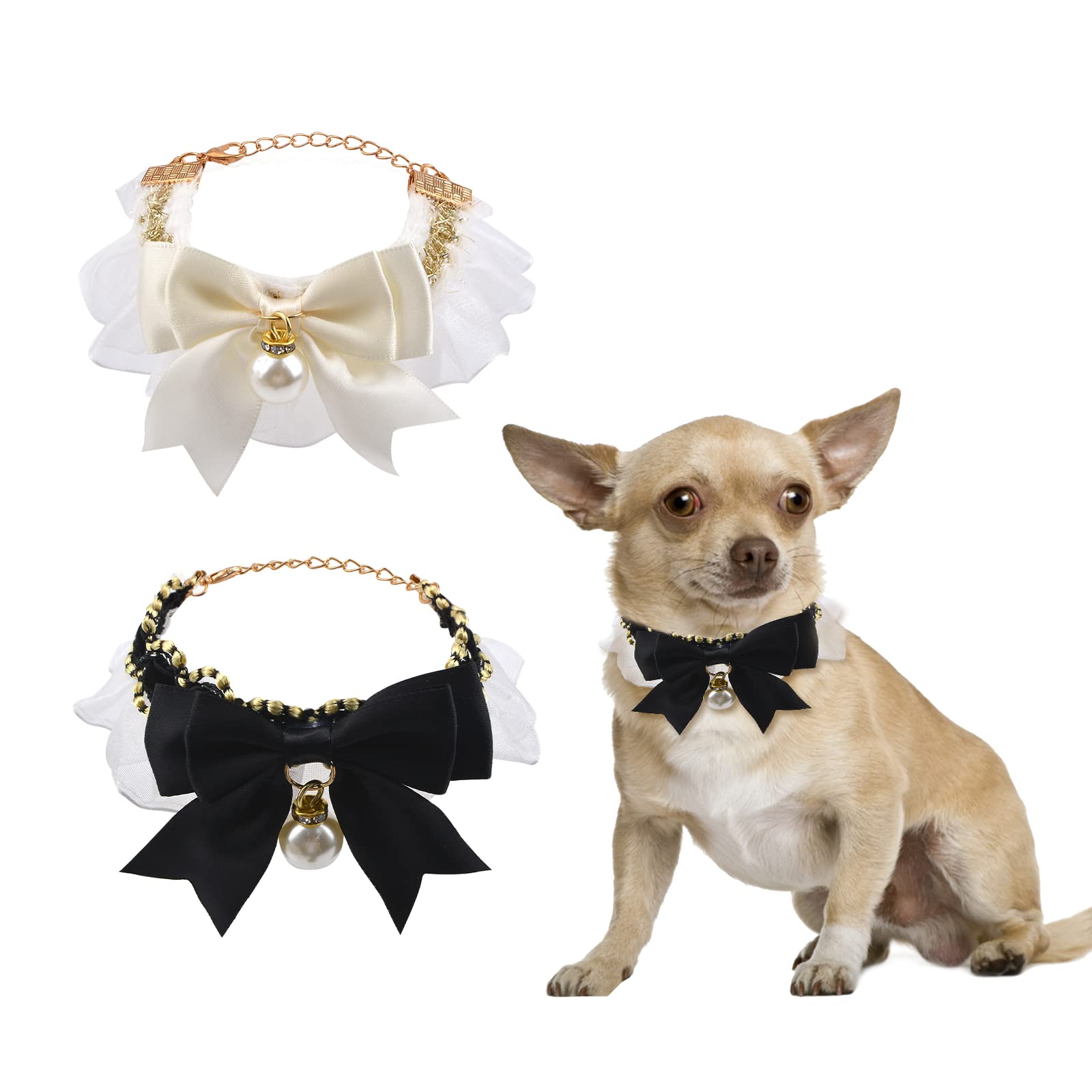 Collar de encaje elástico y ajustable para perros pequeños con perlas decorativas, 2 uds