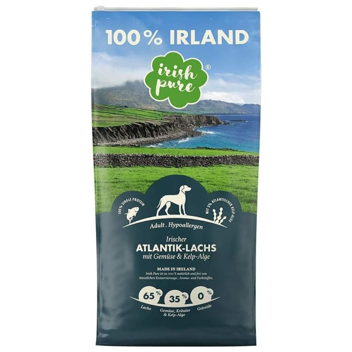 Irish Pure Hypoallergenes Trockenfutter Adult | 1,5kg | Atlantik-Lachs mit Kelp-Alge & Gemüse | Hoher Fleischanteil | Getreidefrei | Sensitiv | Hundetrockenfutter | Für alle Rassen