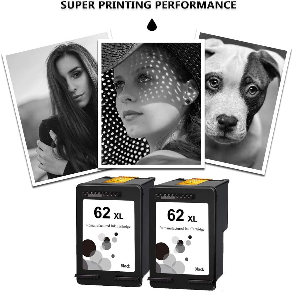 LEBOK for HP-62XL Fine Cartridge Remanufactured for HP 62 XL Ink Cartridges 2 Black for HP Envy 5540 5640 5660 7640 8000 OfficeJet 5740 8040 8045 OfficeJet 200 250 258 Mobile Printer