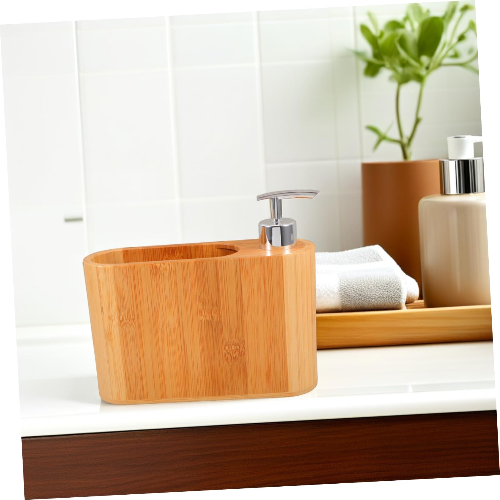 Dispenser Sapone da Appoggio a Forma Ellittica in Legno e Plastica | Design Raffinato ed Ergonomico, per Bagno di Casa, Forma Ellittica Decorativa
