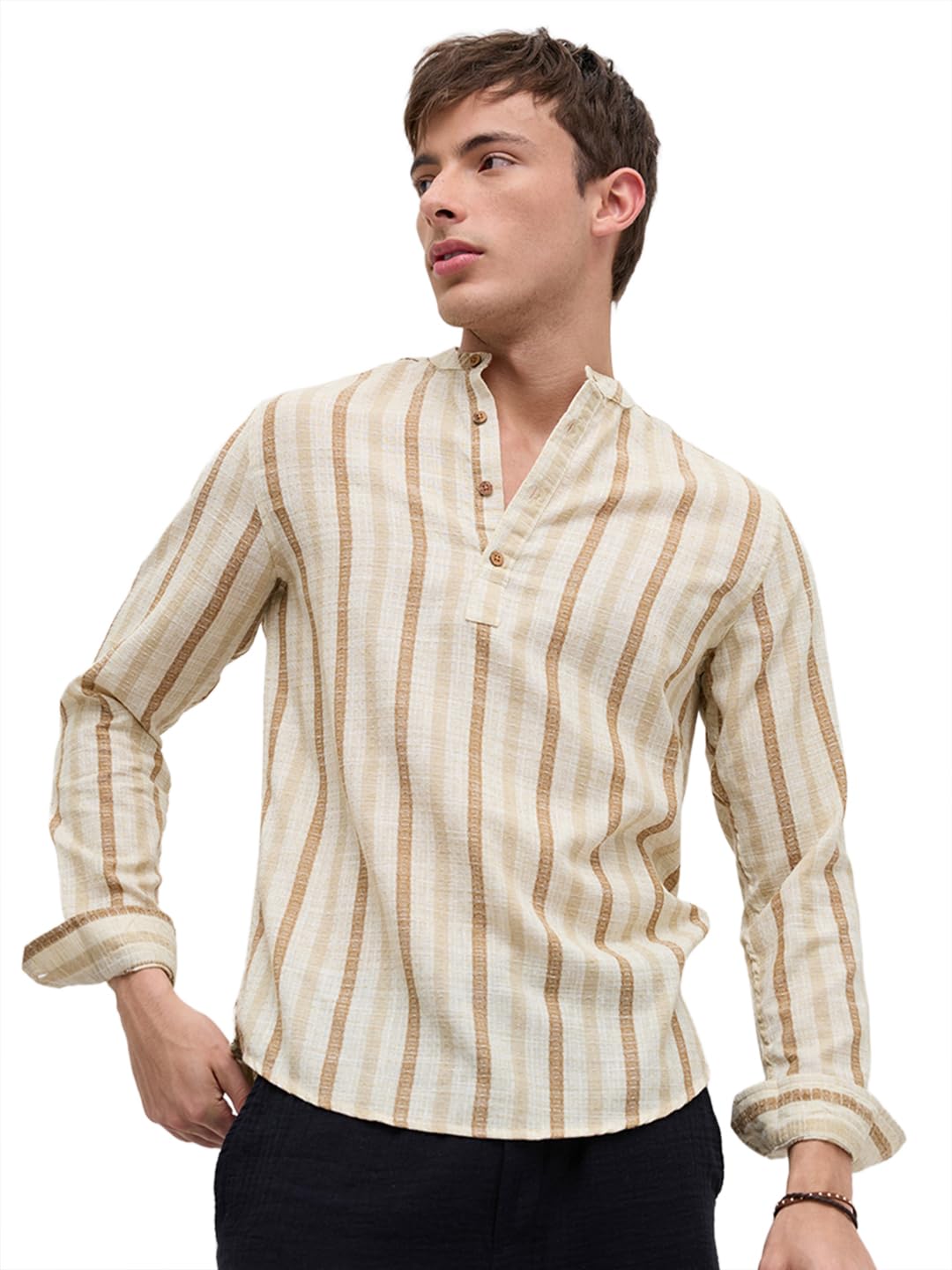 Dessert Sand Beige Jacquard Woven Striped Kurta-image-22