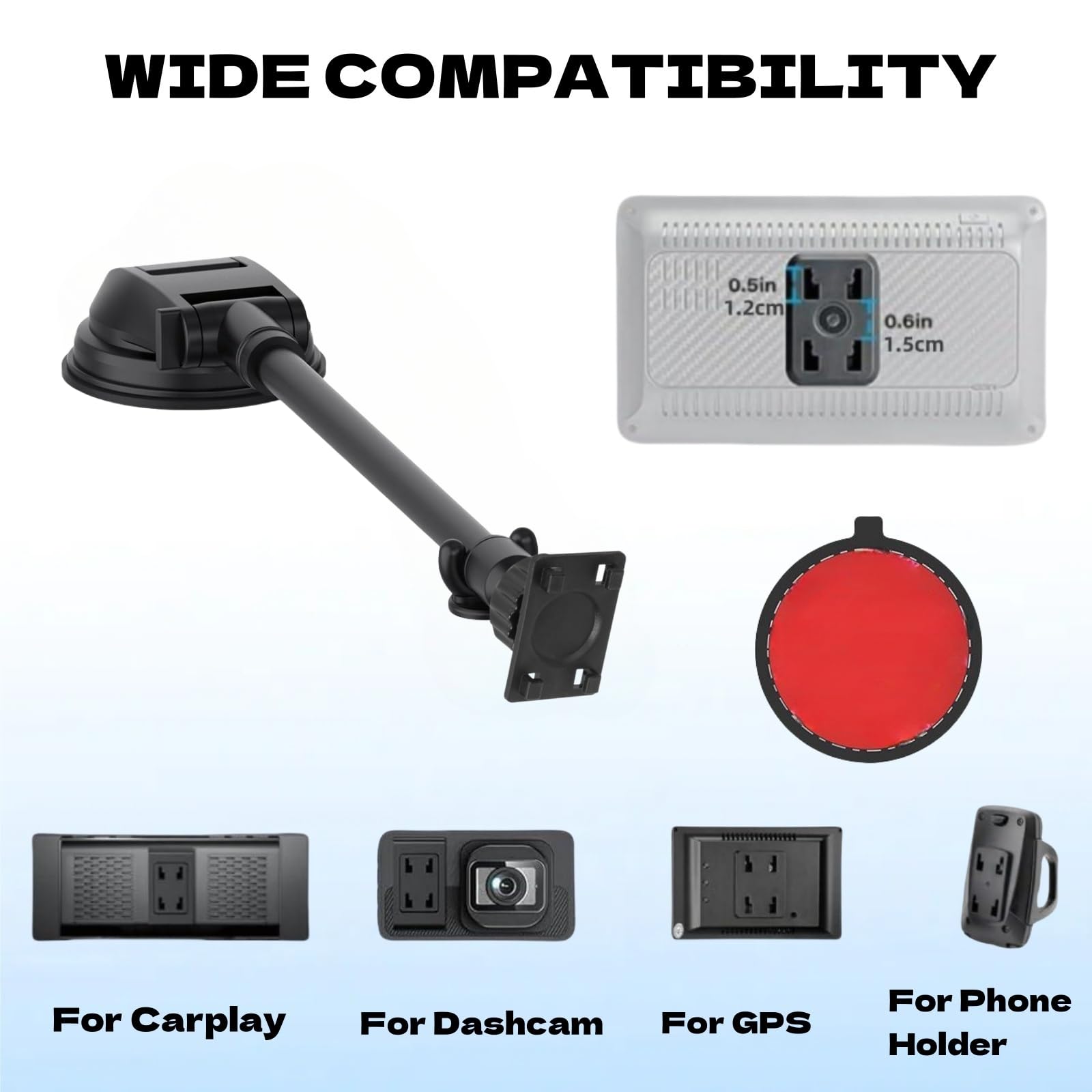 Supporto a Ventosa per Schermo Carplay con Braccio Lungo 11,8", Braccio in Lega di Alluminio Regolabile a 360°, Robusto Supporto per Parabrezza e Cruscotto con 78 mm Disco Adesivo Resistente