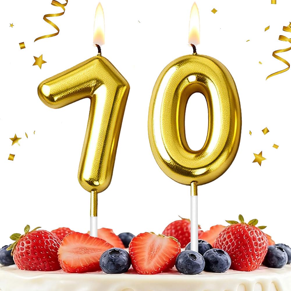 Hlwgfjdy Gold 70Th Birthday Candles Number 70 Cake Topper Happy Birthday Cake Decorations For 70Th Birthday Party, Candles For Birthday Anniversary Celebration Party Supplies