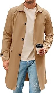 Mens Trench Coat Slim Fit Single Breasted Long Windbreaker Jacket Classi...