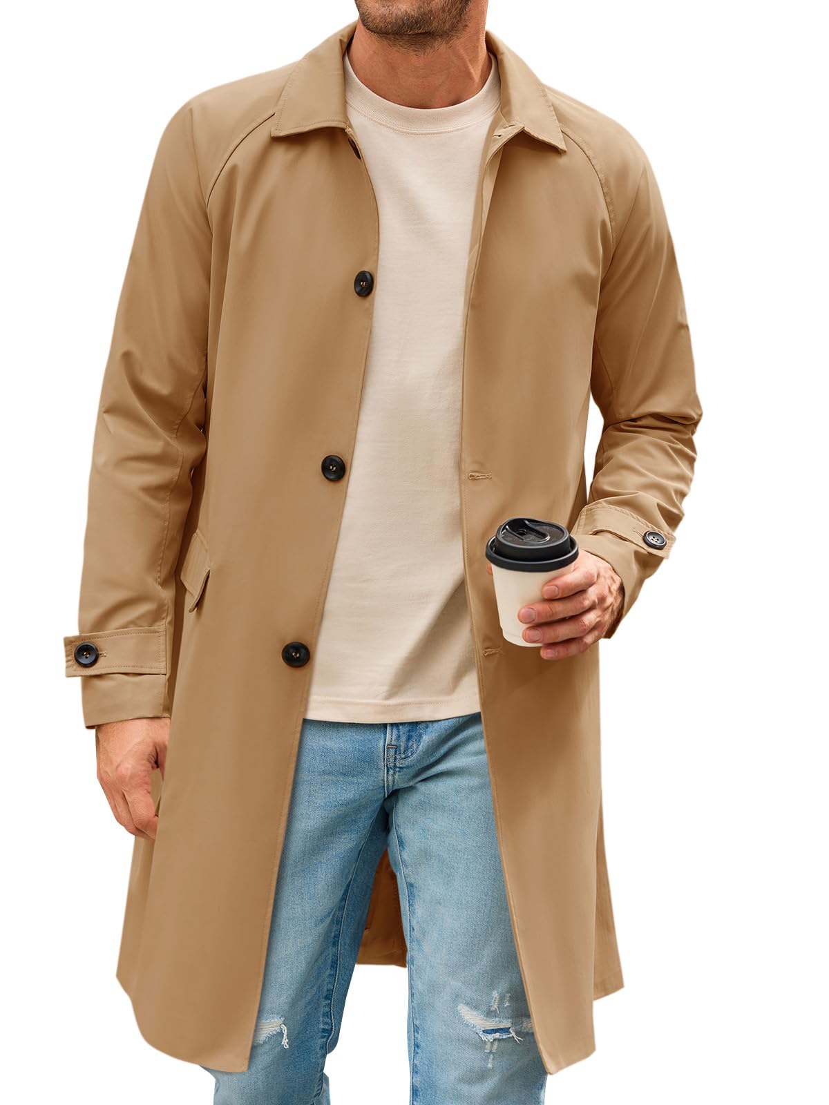 Runcati Herren-Trenchcoat, schmale Passform, einreihig, lang, Windjacke, klassisches Revers, lässiger Mantel