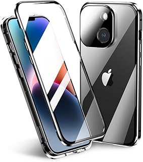 ロック付き 対応 iPhone 15 ケース フルカバー カメラ保護 ガラスフィルム付き マグネット式 アイフォン15 用 両面 ガラスケース 360度全面保護 アルミバンパー 透明 クリア (黒)