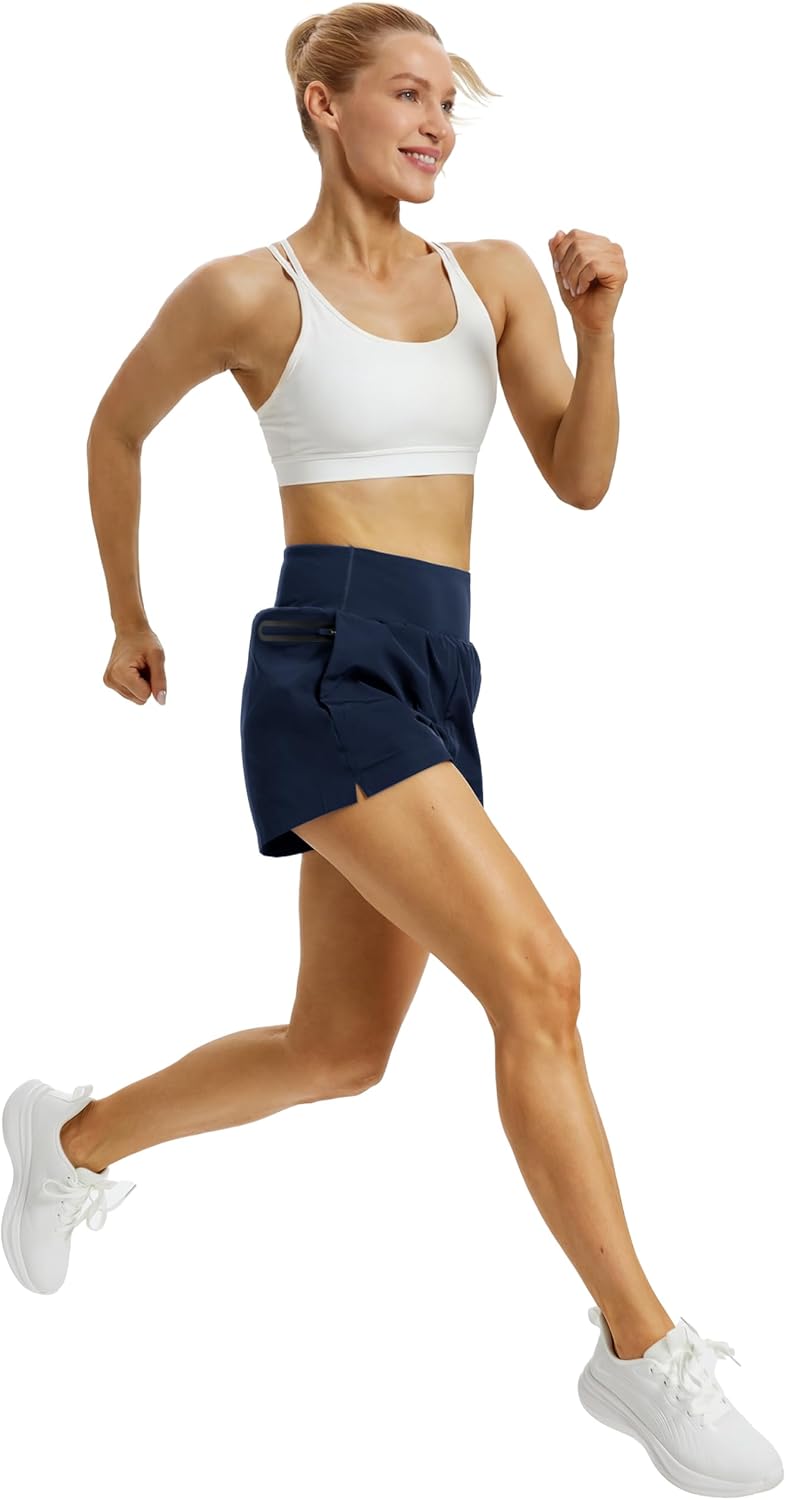 MAGCOMSEN Women's 3" Athletic Running Shorts with Mesh Liner High Waisted Quick Dry Workout Gym Shorts Zip Pocket