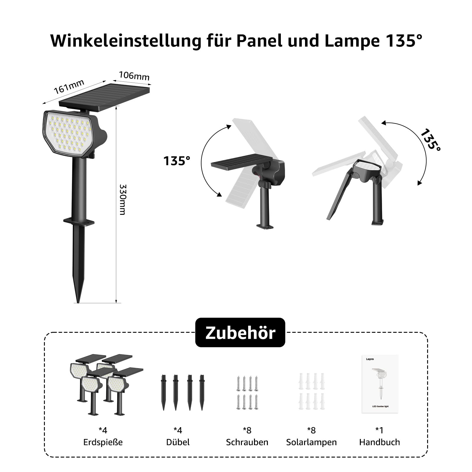 Lepro Solar Gartenleuchten Kaltweiß IP65 Aussen 2 Beleuchtungsmodi, 4 Stück | Solarlampen für Außen Garten, IP65 mit Drehbaren Solar Panel, 2-in-1 Solarleuchten, 43LED Solar Strahler Wegeleuchten