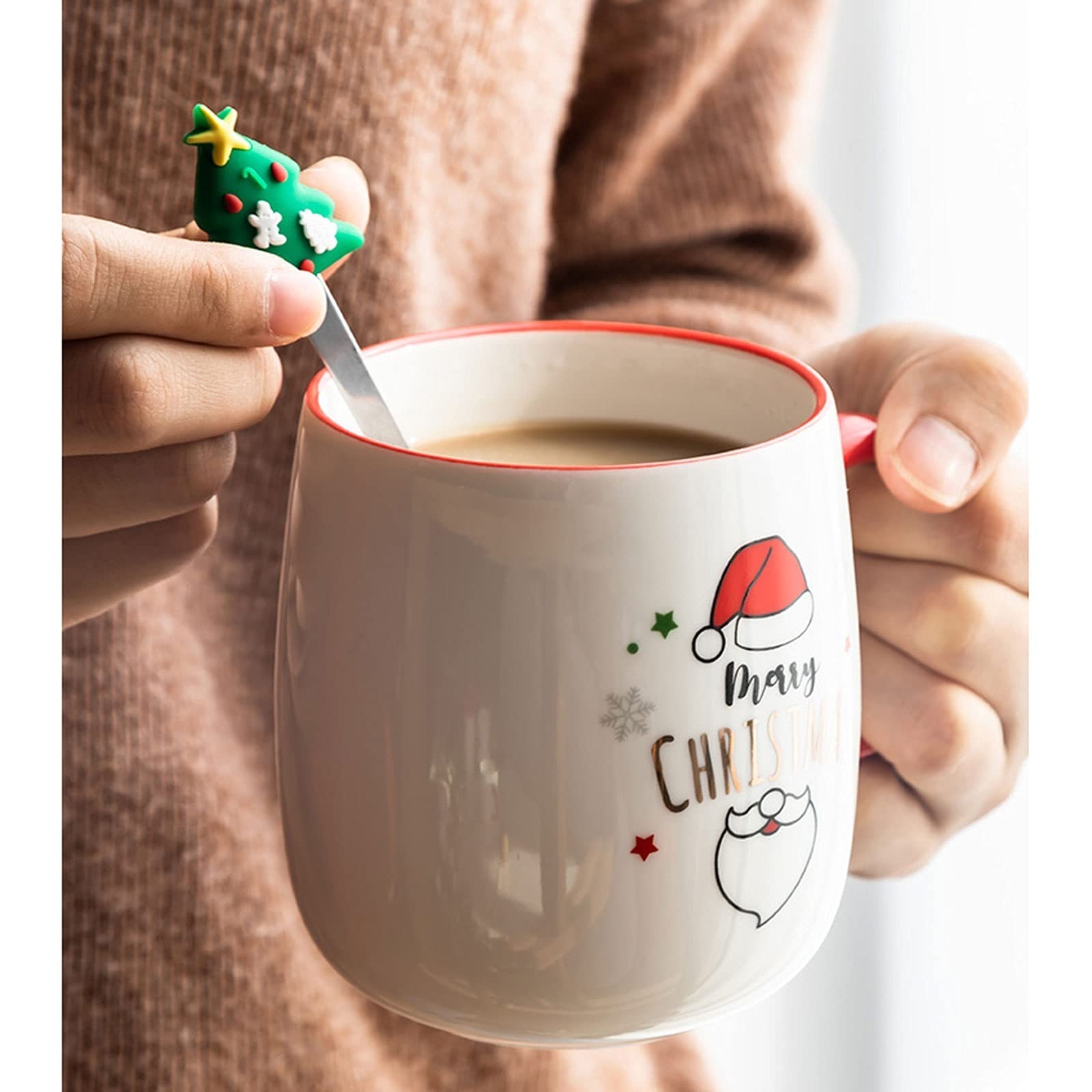 MRKU Tazze da caffè Tazza da tè, Tazza da Latte Tazza da caffè a Tema Natalizio Tazza da caffè in Ceramica da 16,9 Once con Coperchio Rosso e Cucchiaio per Natale Compleanno Inverno o Uso Quotidiano,