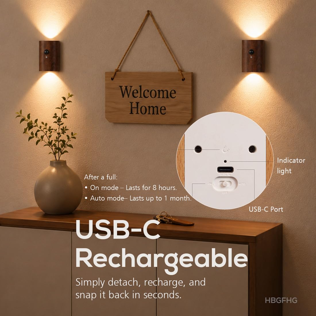Aplique de pared LED con sensor de movimiento, luz nocturna de madera recargable, funciona con pilas, acabado Sapele, paquete de 2