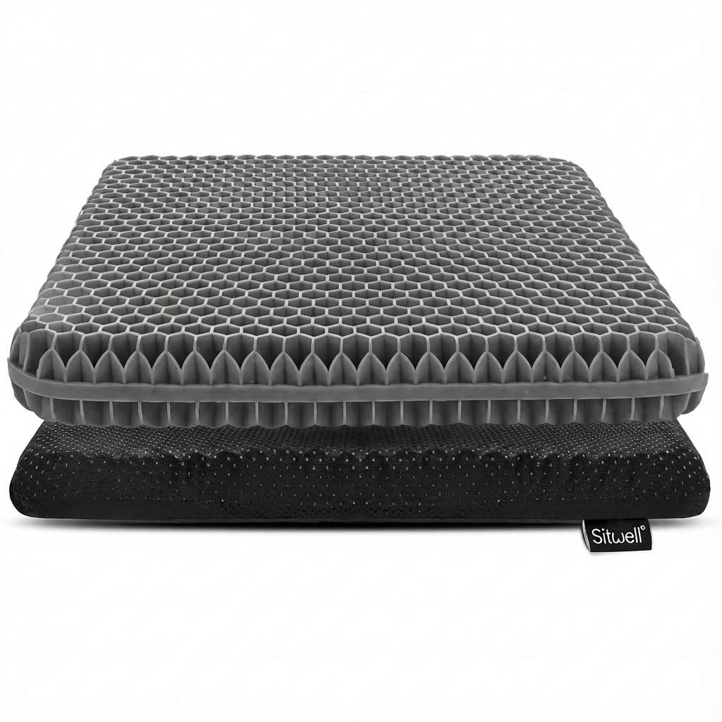 Sitwell Honeycomb Gel Seat Cushion, Cooling Pressure Relief Pad for Coccyx, Tailbone & Sciatica, Office Chair, Car & Wheelchair Cushion with Washable Cover, Grey (Regular)