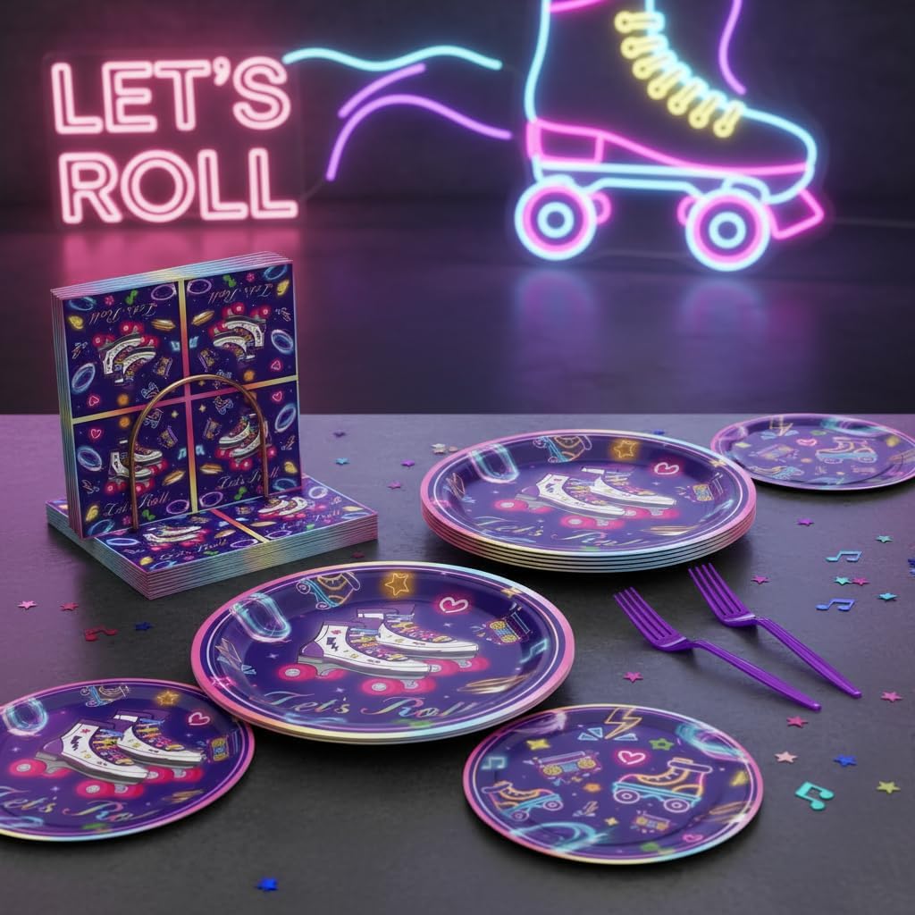 160 Pack Roller Skating Party Supplies Let's Roll Birthday Supplies Roller Skate Party Tableware Set for Roll Themed Skating Party Decorations Serves 40