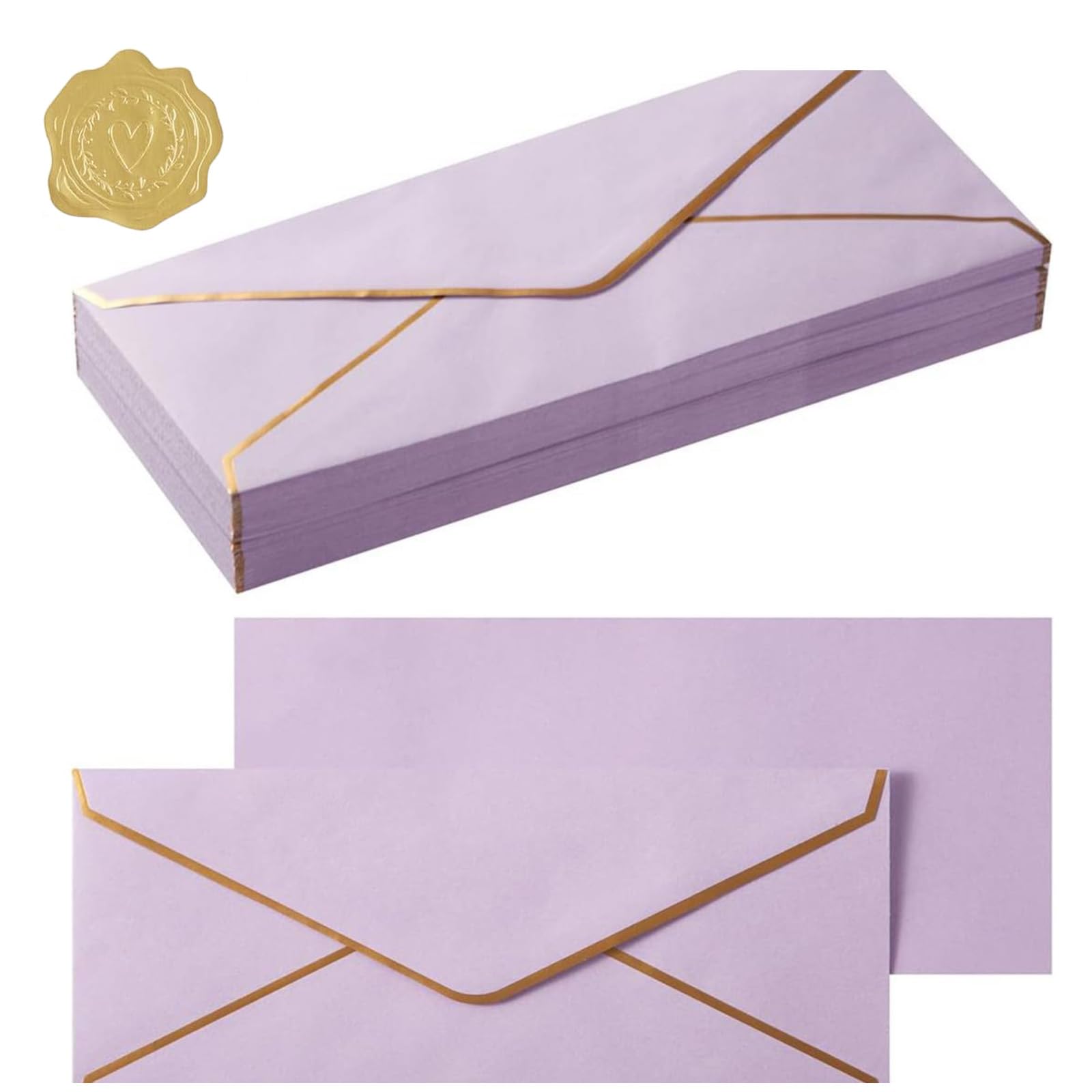 20 Pcs Business Invitation Envelopes with Gold Border 9.49 X 4.13 in Long V-Flap Envelopes Self Seal Gift Envelope with Stickers Money Envelope for Greeting Cards Wedding Birthday Handmade Xmas