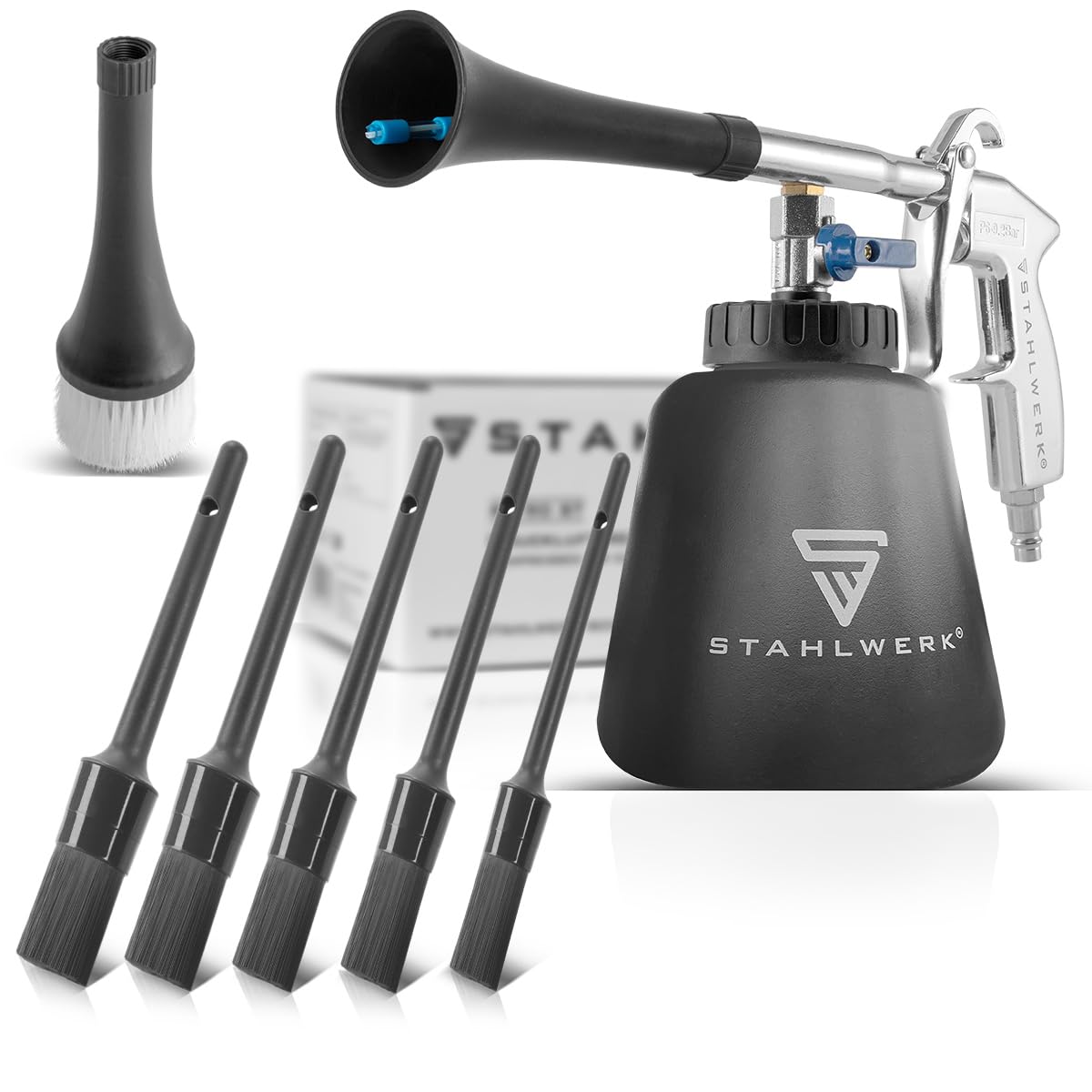 STAHLWERK Werkstatt- und Auto-Detailing-Set 21-teilig | Werkstatthocker 118 kg, Druckluft-Reinigungspistole mit Tornado-Effekt und Autoreinigungs-Set aus Mikrofaser