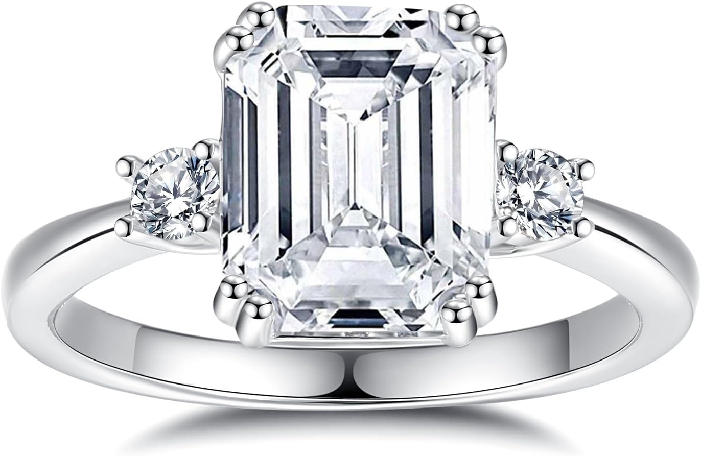 3ct Moissanite Engagement Ring for Women, 10 * 8MM Main Stone, D Color VVS1 Emerald Cut Moissanite Wedding Promise Proposal Ring for Women Wife Anniversary Bridal Gift, All Size