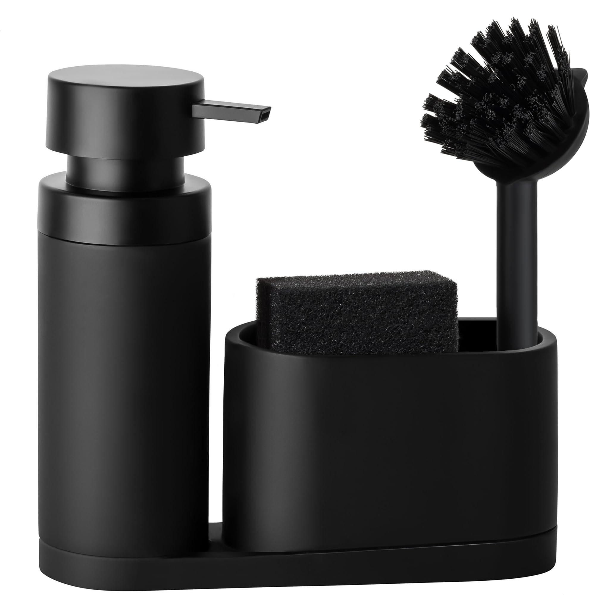 blackswedenhome. Design Spülbecken Organizer mit entnehmbaren Spülmittelspender Spülbürste und Schwamm - Küchenorganizer - Spüle Organizer aus Kunststein Sink Spül Set Seifenspender schwarz matt