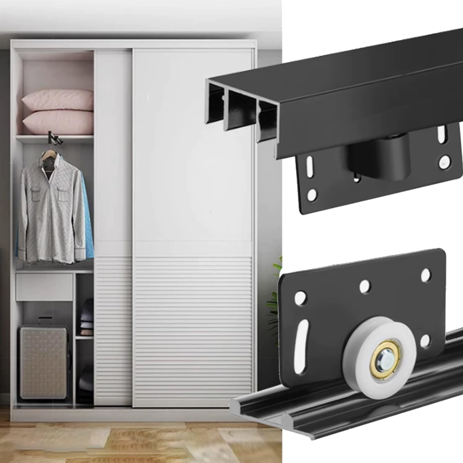Juego de rieles de puerta corredera para armario, kit de panel de rieles dobles, kit de herrajes para puerta corredera doble, sistema de riel invisible para armario