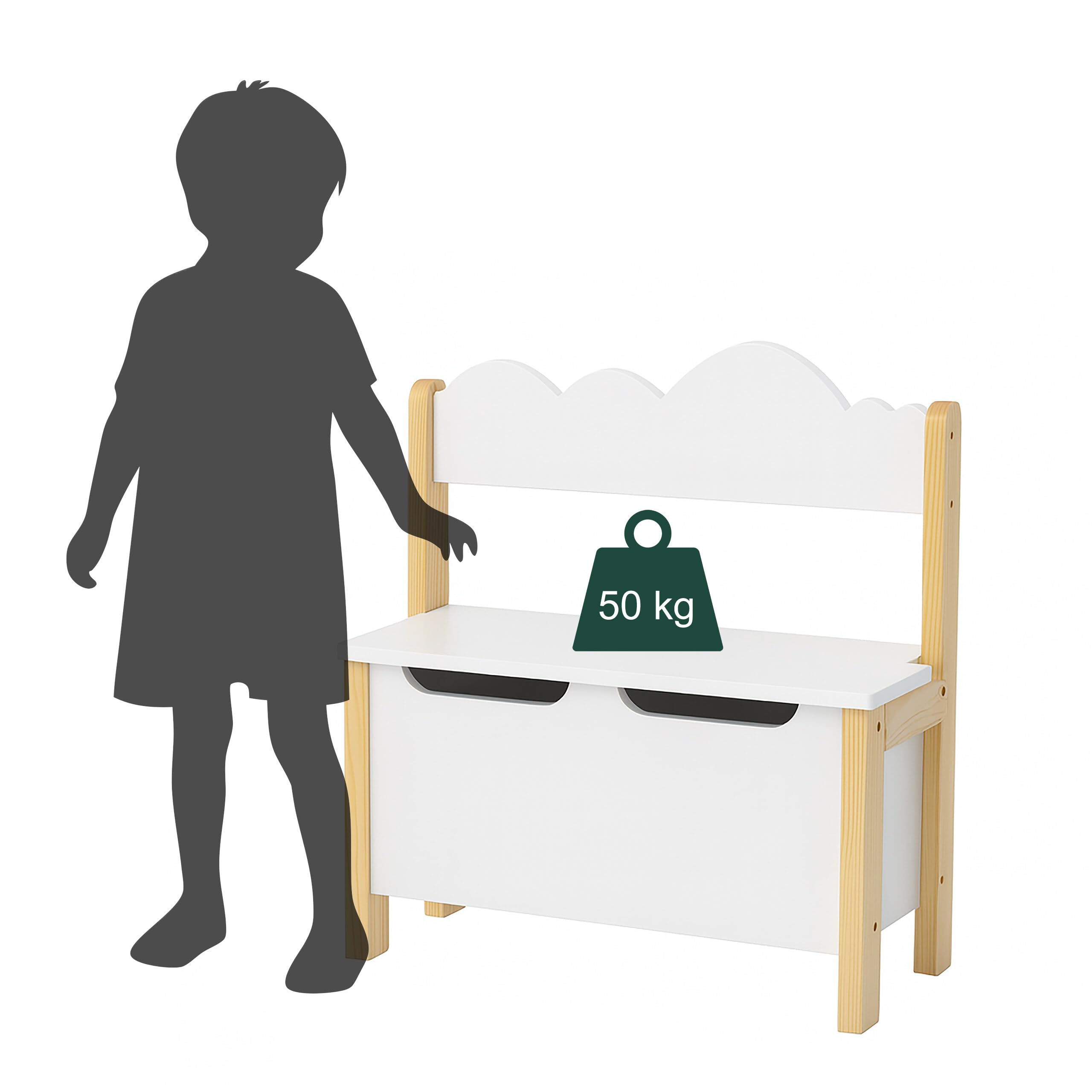 Relaxdays Kinderbank mit Stauraum, Deckel, Rückenlehne, HBT: 60 x 60 x 25 cm, Kinder Sitzbank, Kinderzimmer, weiß/Natur
