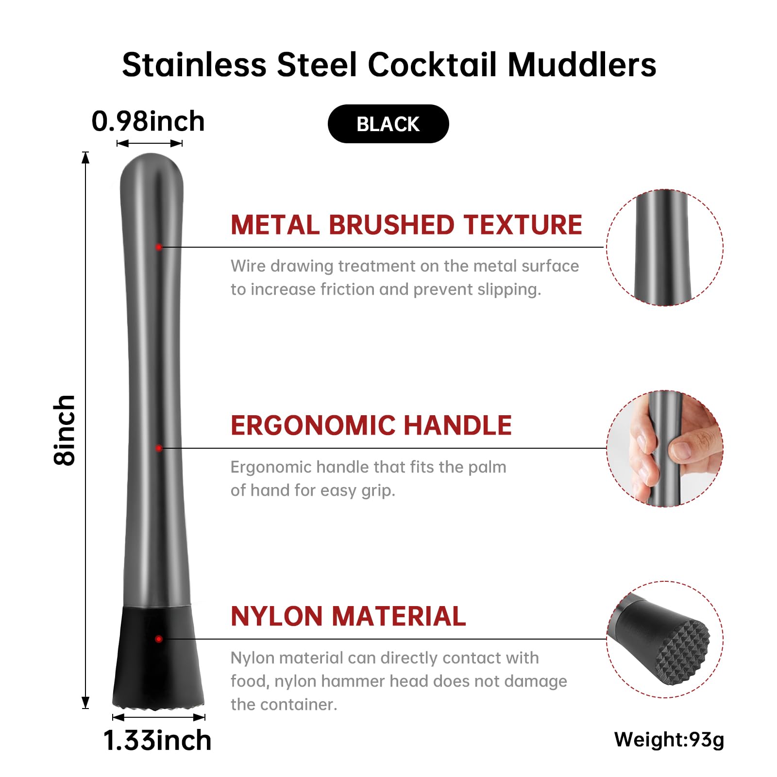 8 Inch Stainless Steel Cocktail Muddler and Mixing Spoon Home Bar Tool Set - Create Delicious Mojitos Old Fashioned/Mint Julep/Other Fruit Based Drinks (Black)