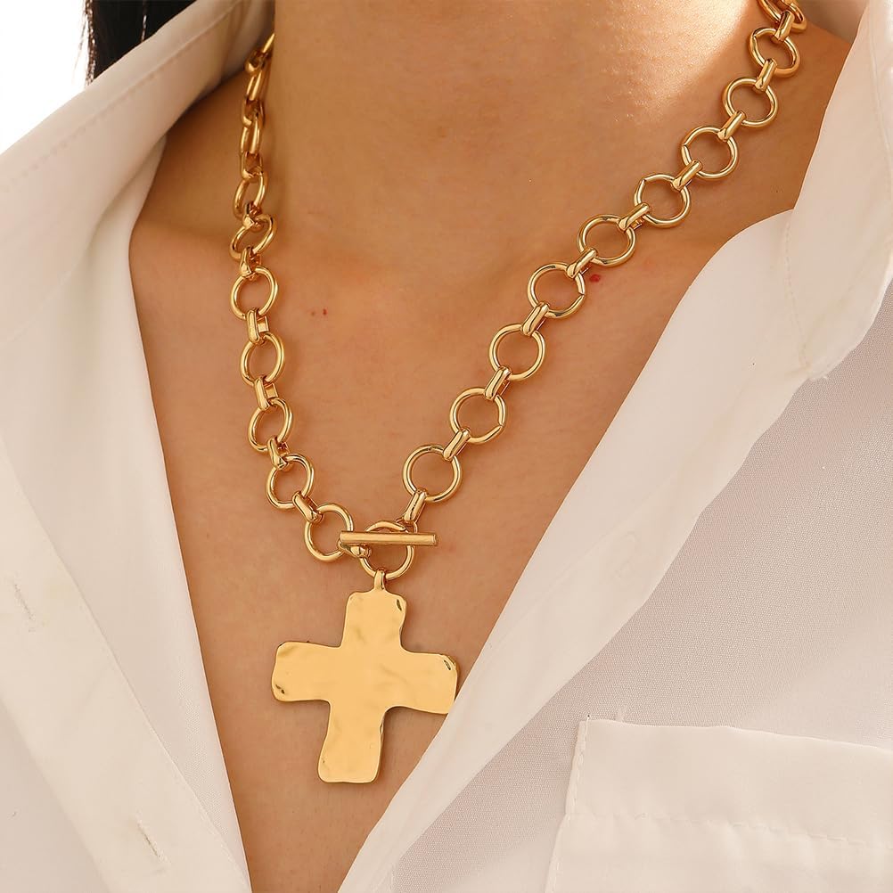 Chunky Gold Big Hammered Cross Necklace for Women Trendy, Thick Large Silver Cross Layered Heart OT Toggle Pendant Necklace Vintage Faith Chain Jewelry - Image 4