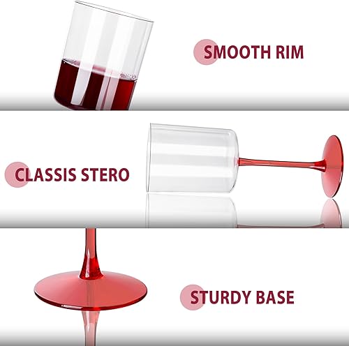 Miniatura 6 de Ciaell Paquete de 12 copas de vino de plástico transparente de 10 onzas con tallo rojo, copas de cóctel desechables perfectas para fiestas, bodas,
