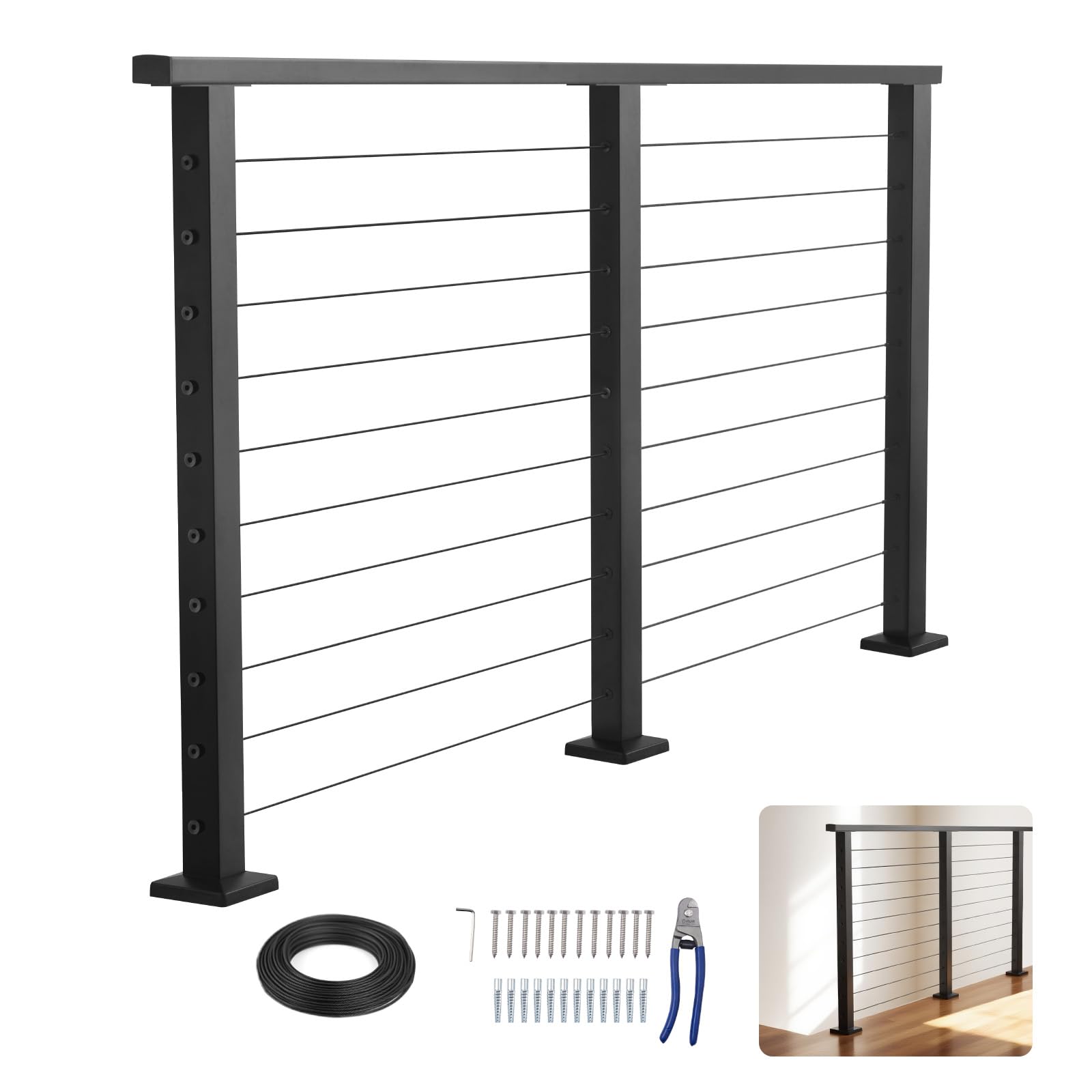 VEVOR Kit de Barandilla de Cable 1981 mm con Postes y Cables, Barandilla de Acero Inoxidable Negro Mate de Exterior Interior, Pasamanos Metálico, Soporte Robusto, para Porches, Terrazas, Balcones