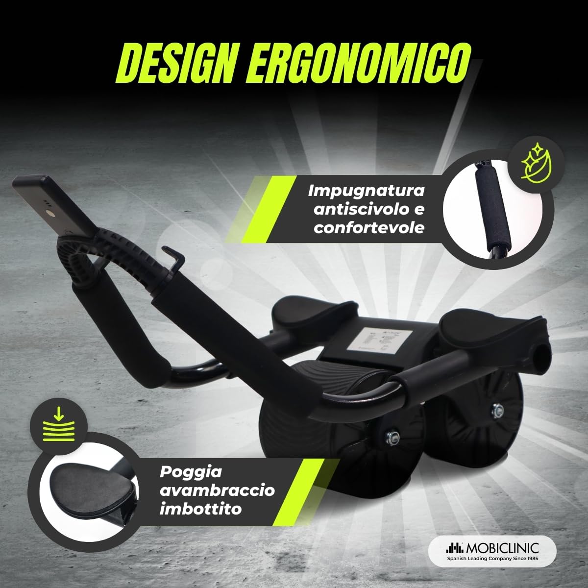 Mobiclinic®, Ruota addominale con rimbalzo automatico, Ab roller, Supporto per i gomiti, Timer digitale, Tappetino antiscivolo, Doppia, Portacellulare, Ra-02, Palestra domestica, Fitness
