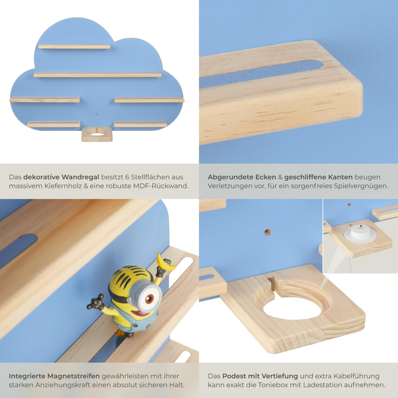 tectake® Holz Regal mit Magnetstreifen für Wand Montage, Tonieregal, Wandregal für's Kinderzimmer, Aufbewahrung Musikbox, für Tonies Tonie Hörfiguren und Toniebox - blau