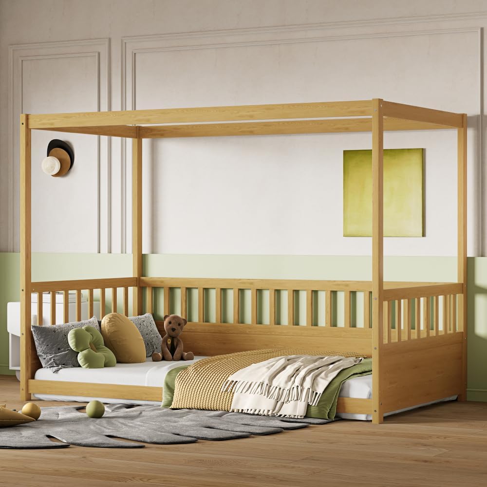 Saiveina Twin Size Canopy Bed Frame with Guardrails for Kids,Floor Bed Twin with Four Poster Design,Kids Montessori Floor Bed,Wood Canopy Bed Frame for Girls,Boys(Twin,Natural)