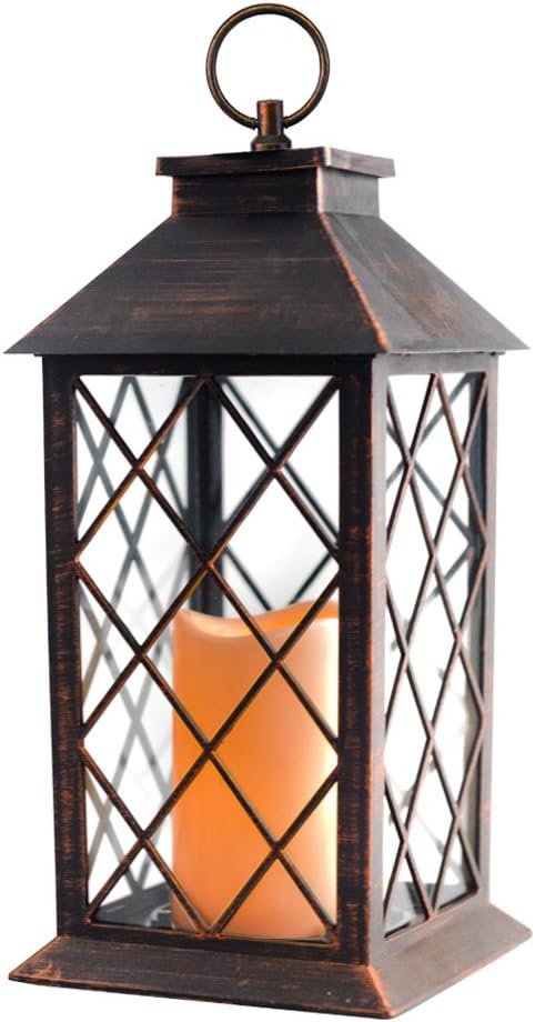 14" Copper Brushed Vintage Style Candle Lantern with 4 Hours Timer (Batteries Included) Hanging Lantern for Indoor&Outdoor Flameless Candles Evermore Light-Single