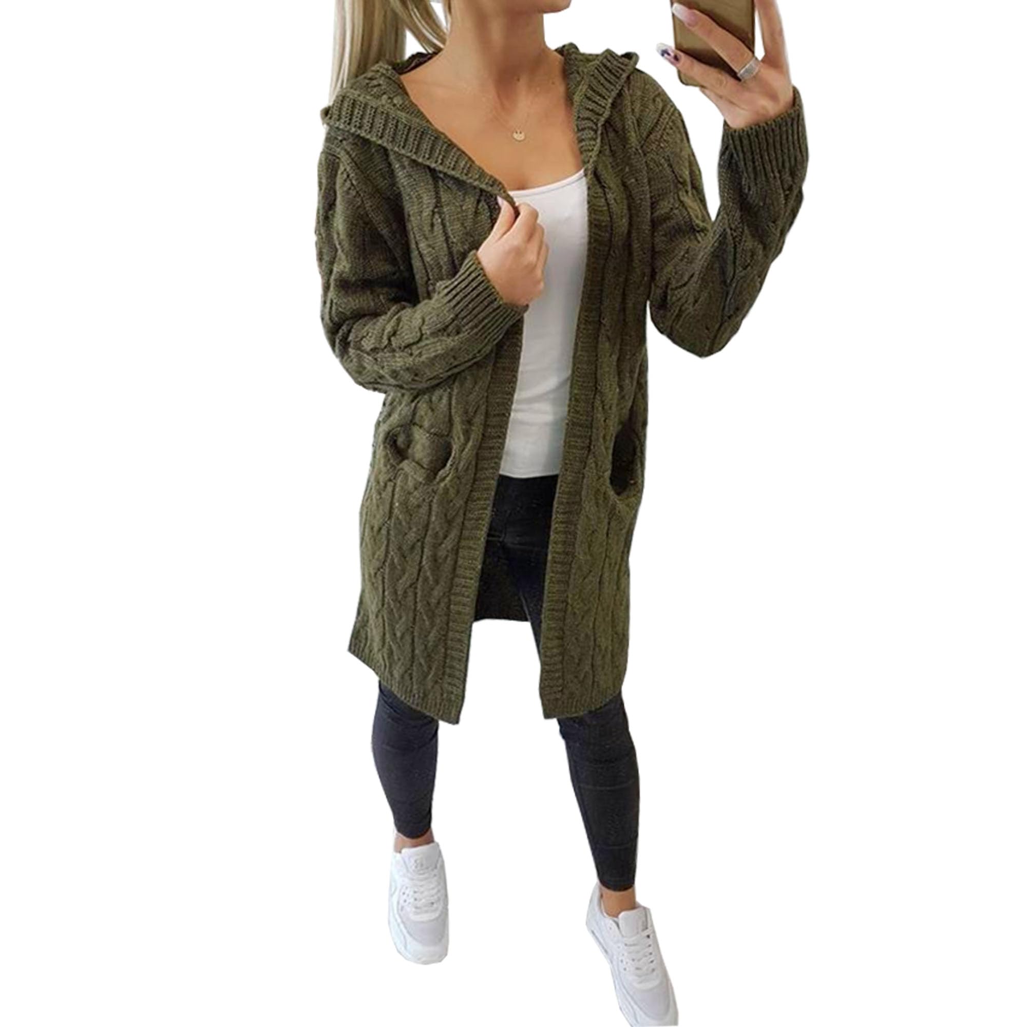 Hooded Chunky Cable Knit Cardigan Long Warm Winter Hood Open Front Khaki Green
