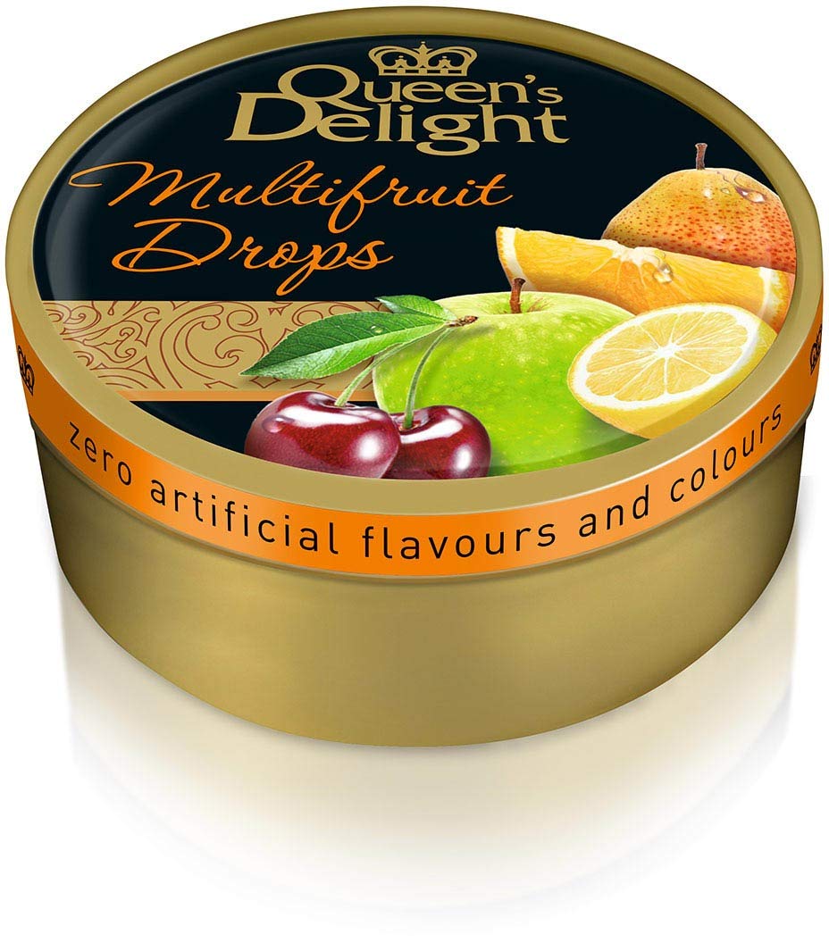 Queen’s Delight Natural Ingredients and Real Fruit Juice Hard Candy Multifruit Drops Tin, 5.3 Ounces (150g) - 10 Tins