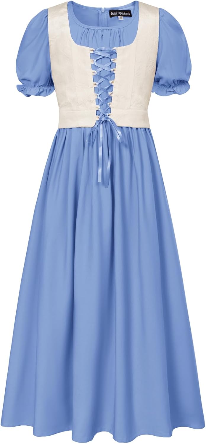 Scarlet Darkness Girl Renaissance Dress Short Puff Sleeve Long Dresses Flower Girl Dress Size 7-14