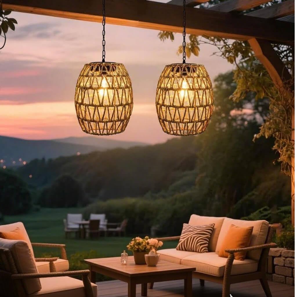 Lampe solaire suspendue d'extérieur en rotin étanche