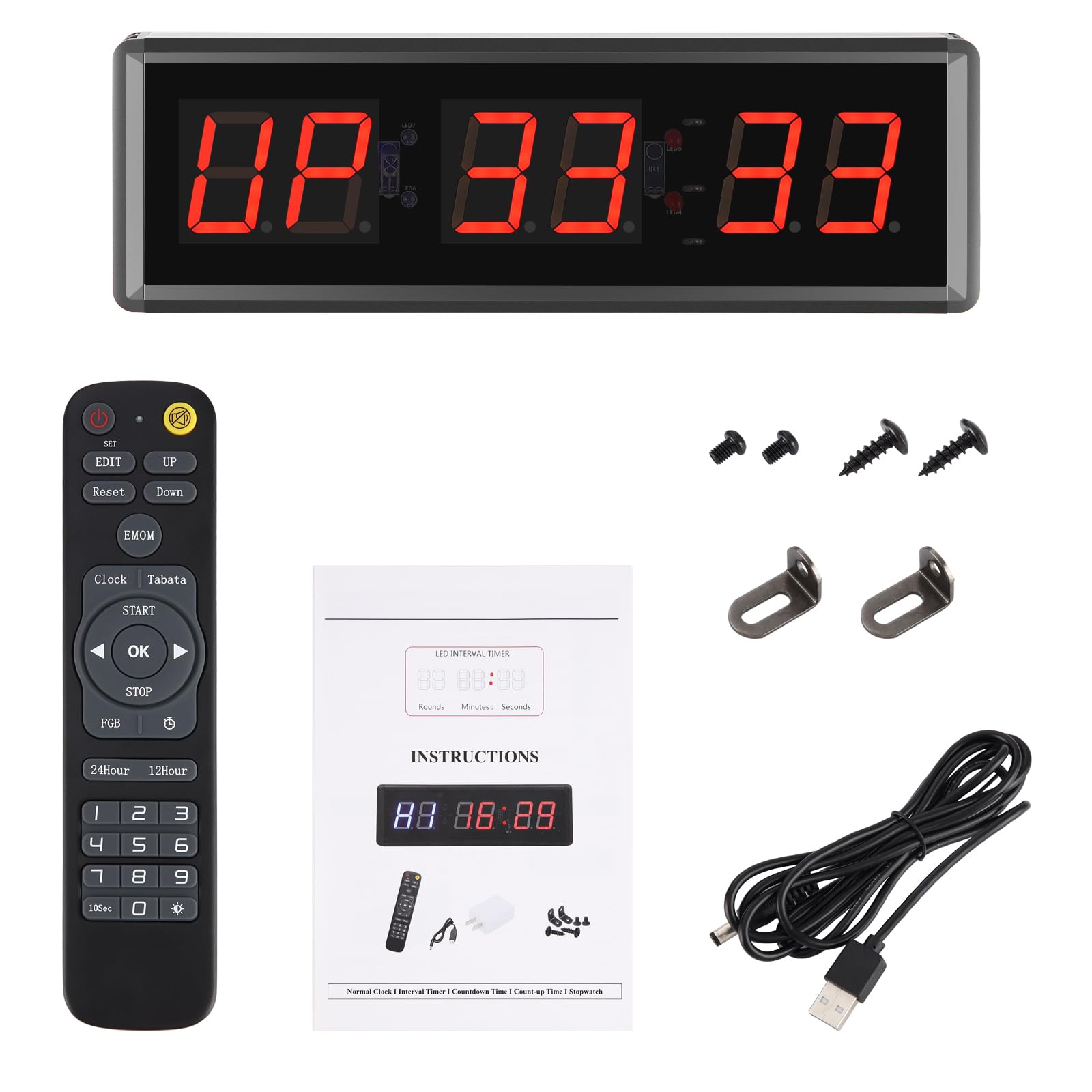 PELLOR Temporizador de Gimnasio Sports Timeter, 1.5" Temporizador Intervalos Fitness LED Programable con Cronómetro,Brillo Ajustable, Reloj de Entrenamiento con Control Remoto para Casa Garaje Externo