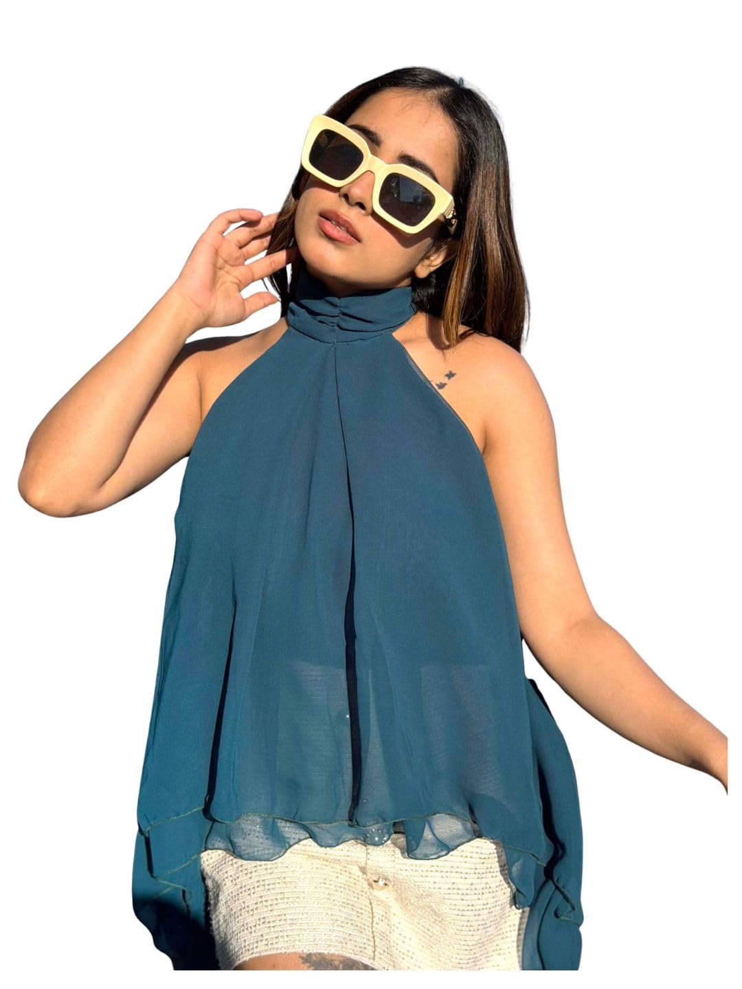 tandul Women's Solid Blue Top- Georgette Western Style Sleeveless for Office, Casual, Festive & Party (12124)-picture-20