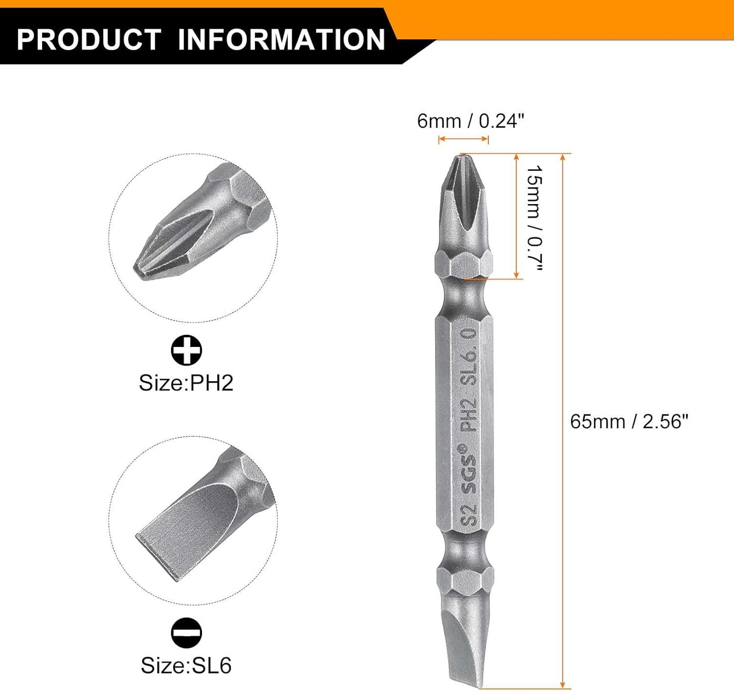 Generic 2pcs Magnetic Double Ended Screwdriver Bit 6mm PH2/SL6 2.56" Length 1/4" Hex Shank S2 Steel Phillips Cross Slotted Flat Screw Driver Bit