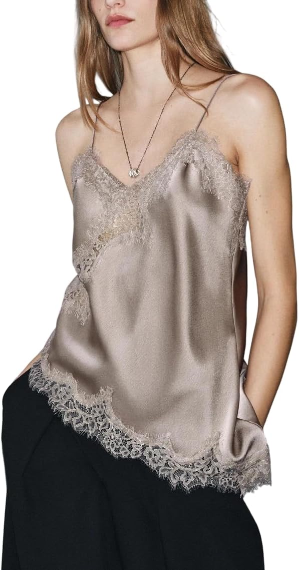 Women Lace Trim Satin Tank Top V Neck Silk Camisole Tops Asymmetrical Backless Spaghetti Strap Tank Cami Shirts