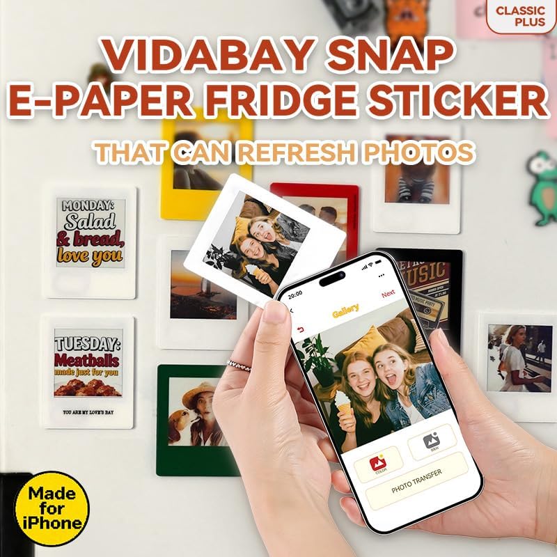 e-paper fridge magnet classic plus, e-ink battery-free instant photo style display, wireless nfc picture frame, phone-controlled acrylic memo board for party/travel/home & gifts, compatible iphone 13 and newer (white)