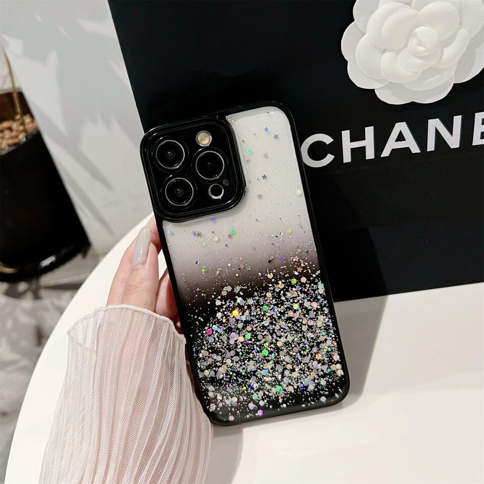 Image of VONZEE Back Cover Compatible for iPhone 15 Pro Max (6.7 inch), Non Moving Bling Glitter Cover for Girls & Women Soft TPU Shockproof Anti Scratch Drop Protection Covers (Black)