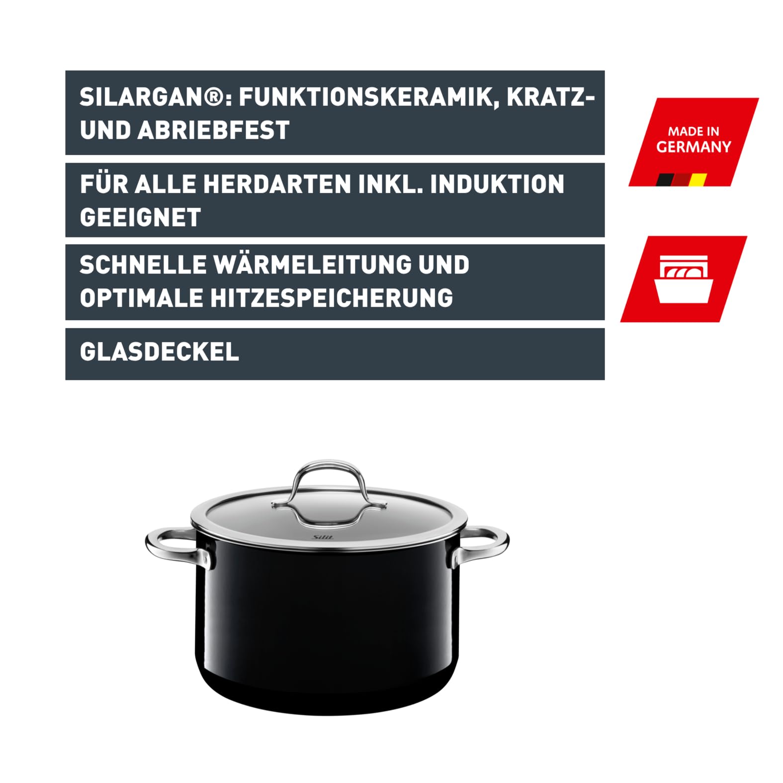Silit Passion Black Kochtopf hoch 24cm, Glasdeckel, Fleischtopf 6,4l, Silargan Funktionskeramik, Topf Induktion, schwarz