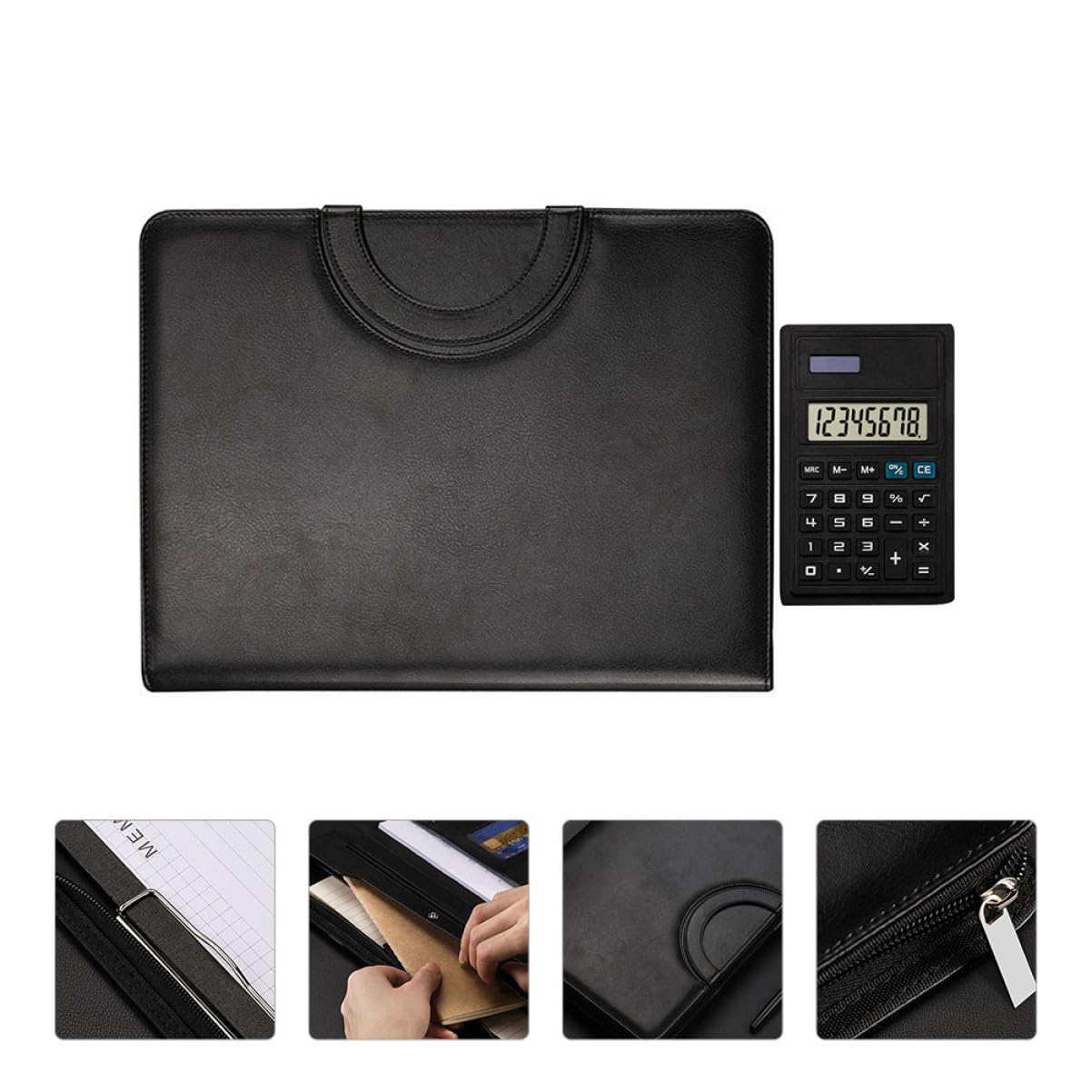 HOMSFOU Cartellina Portfolio PU con Chiusura Cerniera Organizzatore Documenti per Ufficio e Scuola Elegante e Professionale Facile Trasportare Include Blocco Note e Calcolatrice